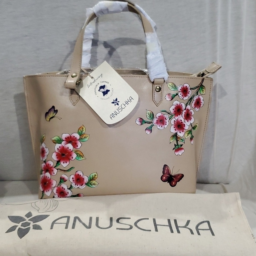 Anuschka leather handpainted cherry blossom butterfly  NWT cream handbag
